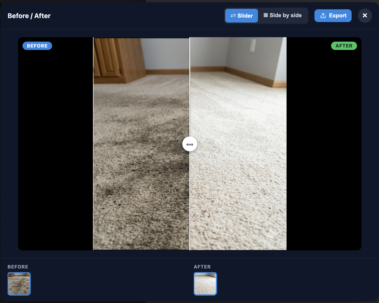 Homer AI before/after viewer: carpet heavily soiled before cleaning on the left, bright and clean after cleaning on the right