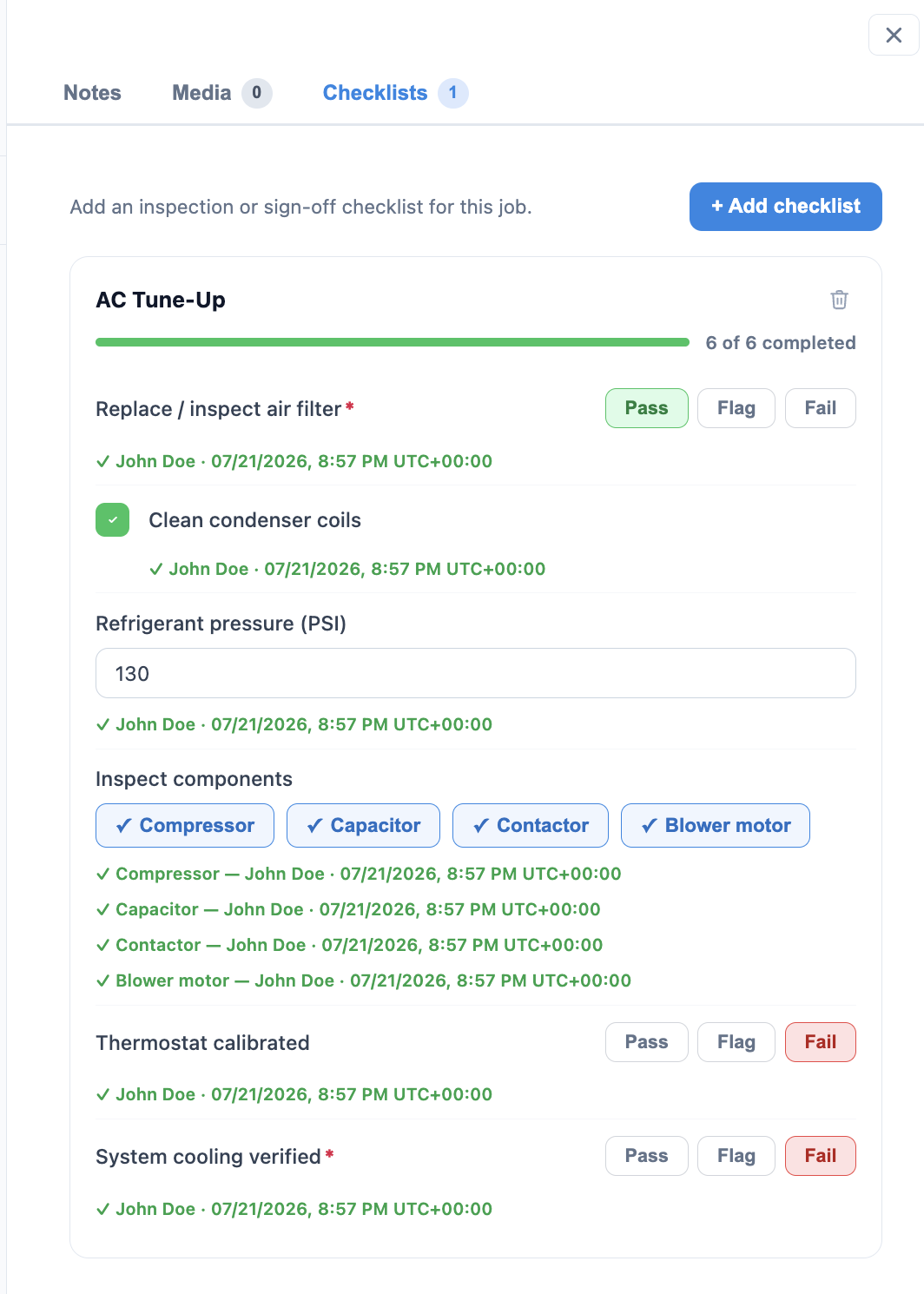 Homer AI job checklist for an AC Tune-Up showing 6 of 6 tasks completed, each item marked Pass with the technician's name and a date and time stamp
