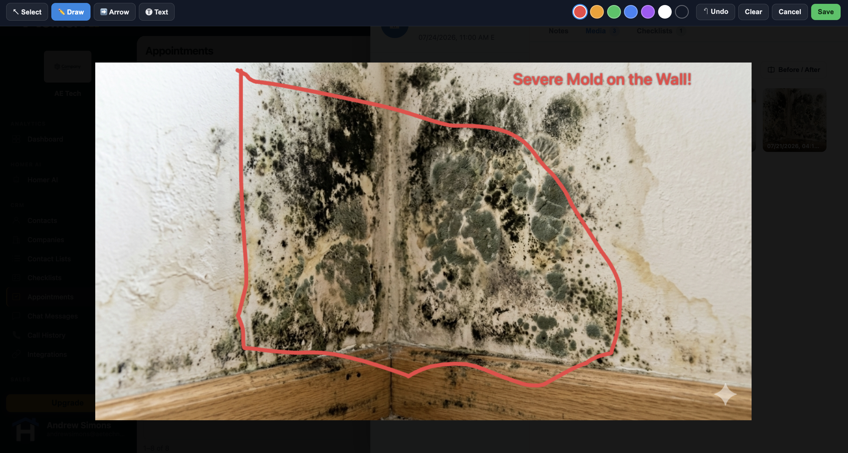 Homer AI photo annotation tool with a mold problem circled in red and labeled 'Severe Mold on the Wall!'