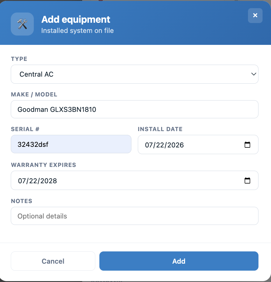 Homer AI 'Add equipment' form capturing a Central AC install: make and model Goodman GLXS3BN1810, serial number, install date 07/22/2026, and a warranty expiration date of 07/22/2028.