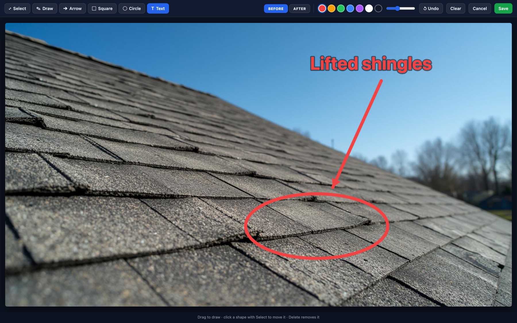 HomerAI photo annotation editor with Select, Draw, Arrow, Square, Circle and Text tools and Before / After tags, showing a roof photo with lifted shingles circled in red, an arrow, and the label 'Lifted shingles'.