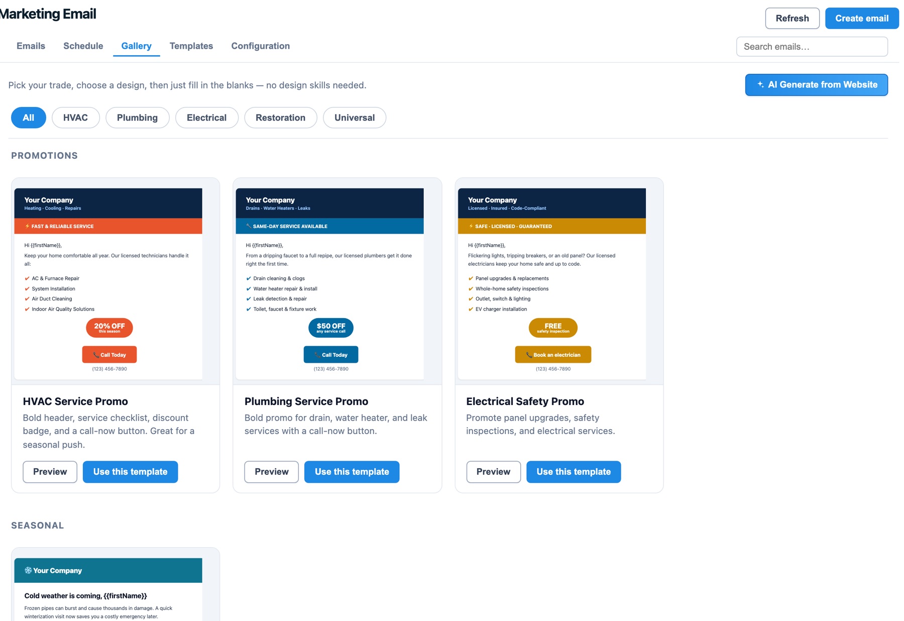 HomerAI marketing email gallery with trade filters (HVAC, Plumbing, Electrical, Restoration, Universal) and promotion templates for HVAC service, plumbing service and electrical safety, plus an AI Generate from Website button.