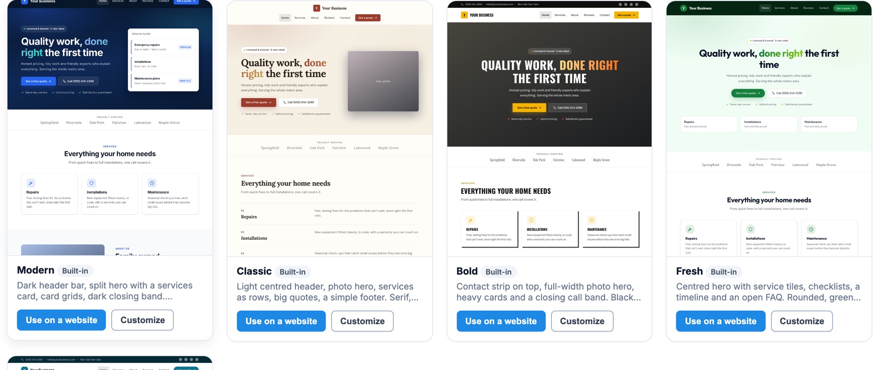 HomerAI website builder theme picker showing four generated home service website designs — Modern, Classic, Bold and Fresh — each with a Use as a website button.