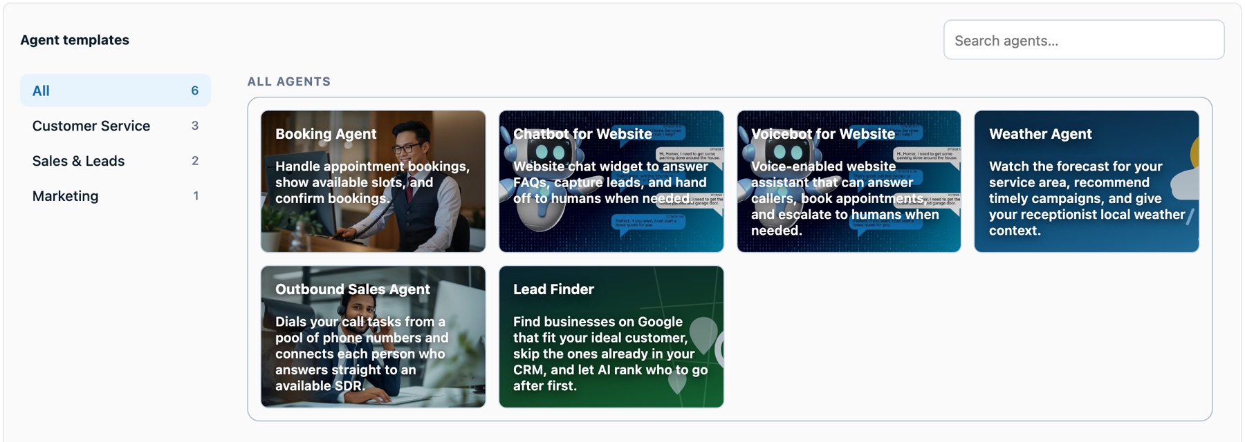 HomerAI agent templates: Booking Agent, Chatbot for Website, Voicebot for Website, Weather Agent, Outbound Sales Agent and Lead Finder, filterable by customer service, marketing and sales.
