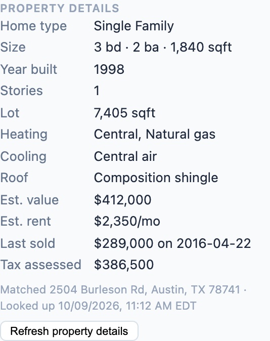 A Property details panel on a HomerAI customer record: single family, 3 bedrooms, 2 baths, 1,840 square feet, built 1998, one story, central natural-gas heating, central air, composition shingle roof, estimated value $412,000, last sold for $289,000 in 2016, and tax-assessed value $386,500.