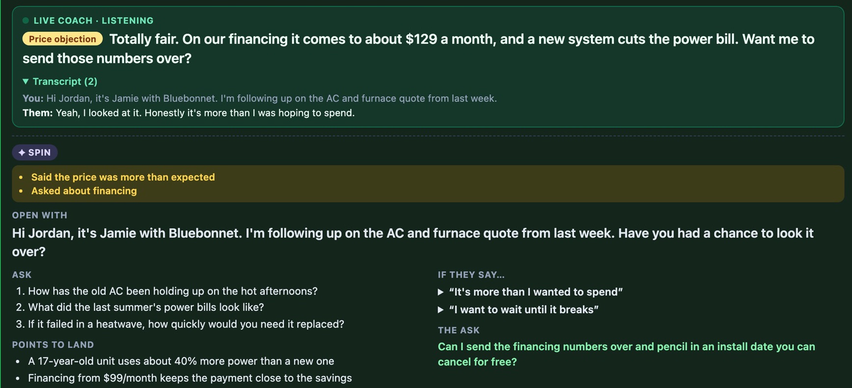 Close-up of the HomerAI live coach: it flags a price objection and suggests a financing answer, shows the live transcript, and below it a SPIN talk track with the opener, questions, points to land, objection answers and the ask.