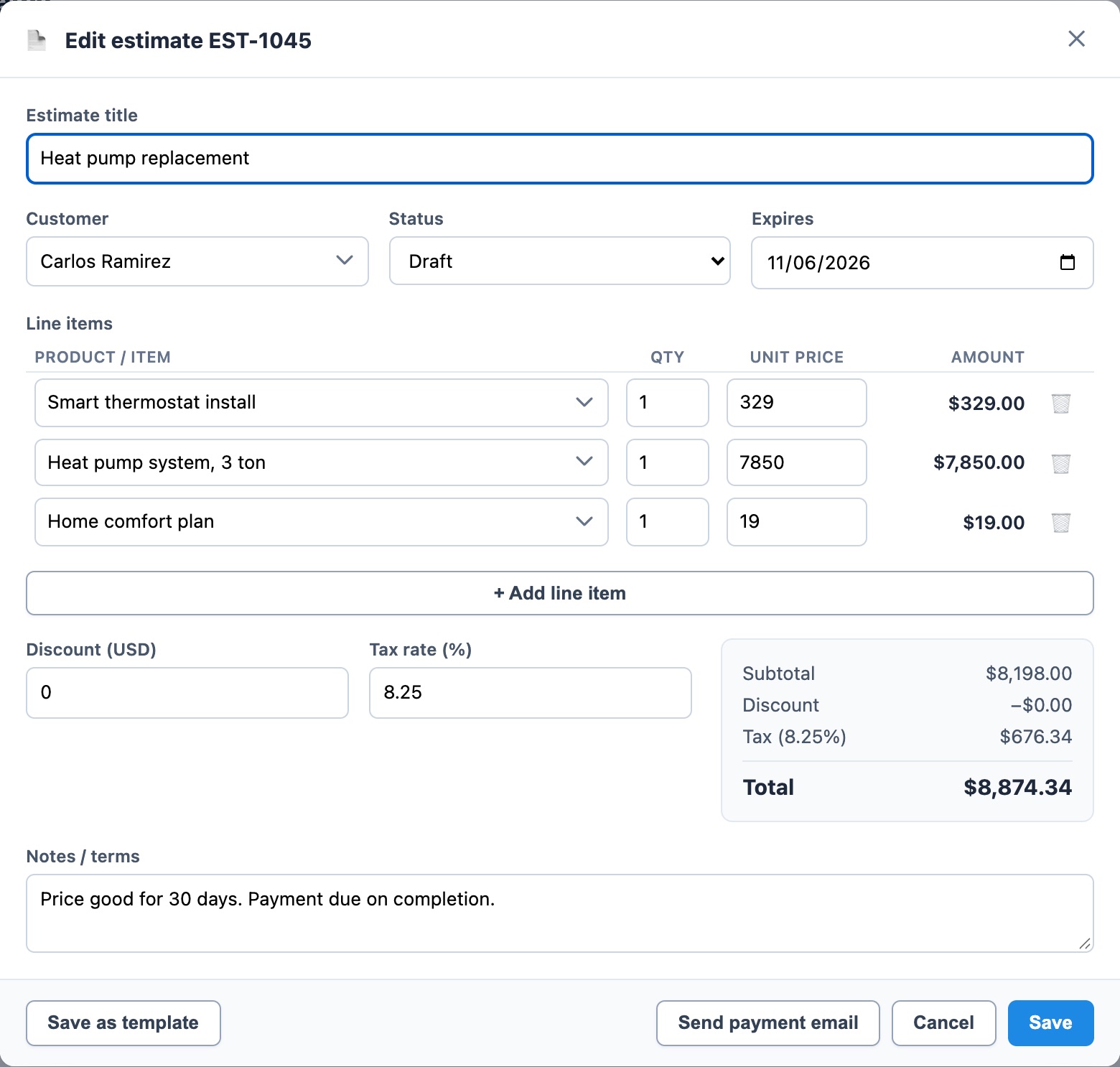 HomerAI estimate editor for a heat pump replacement with three line items — smart thermostat install, 3-ton heat pump system and home comfort plan — a tax rate, an $8,874.34 total, and buttons to save as template or send a payment email.