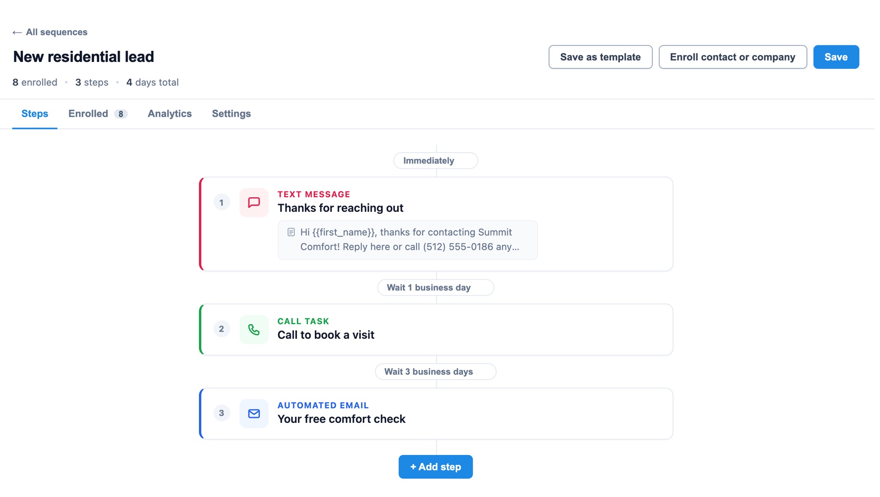 HomerAI sequence builder for a 'New residential lead' sequence: a text message sent immediately, a call task after one business day, and an automated email after three more business days, with eight contacts enrolled.